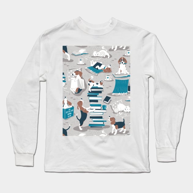 Life is better with books a hot drink and a friend // pattern // grey background brown white and blue beagles and cats and turquoise cozy details Long Sleeve T-Shirt by SelmaCardoso